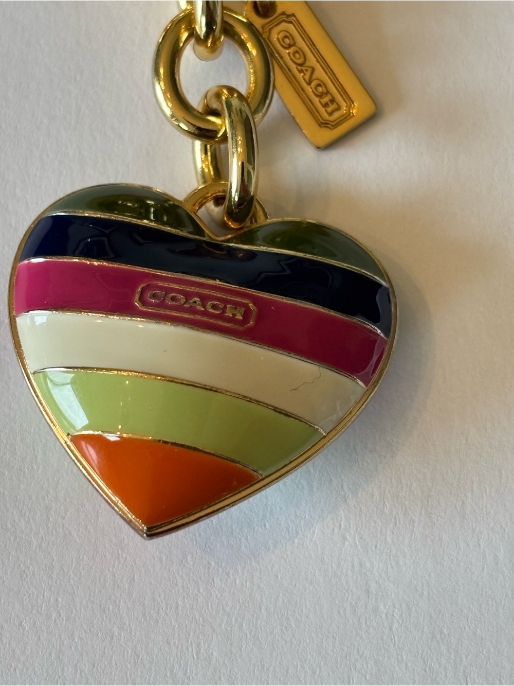 Coach Legacy Gold Multicolor Heart Striped 3D Puffy Key Fob Bag Charm Keychain - Picture 2 of 4